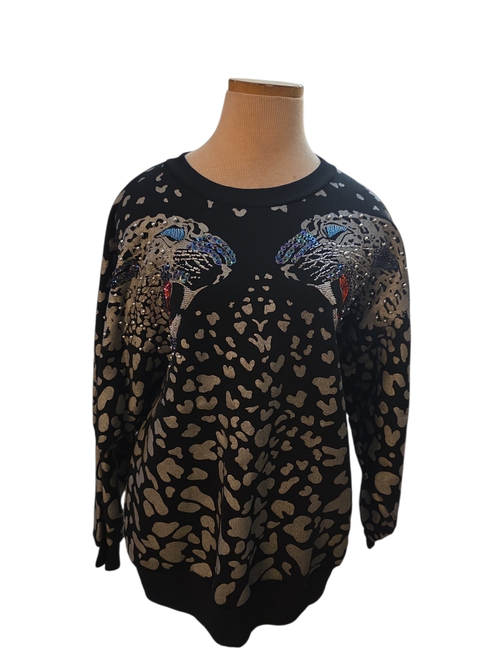 1980s Gladys Bagley Dueling Leopards Embellished Sweatshirt